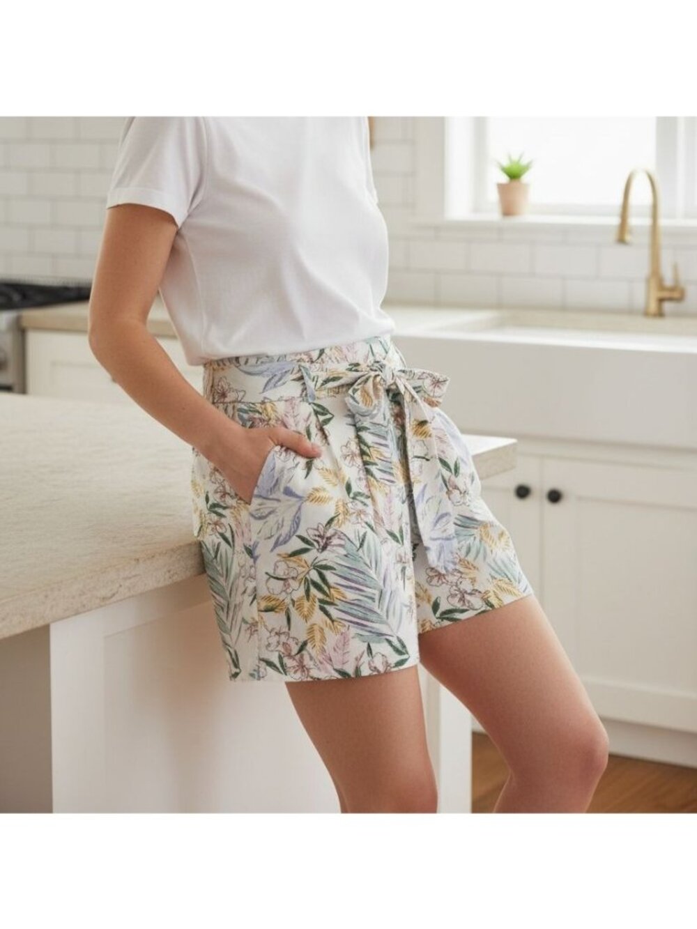 Dalia M Linen Blend Elastic High Waist Belted Tie Shorts Breathable Tropical Pal